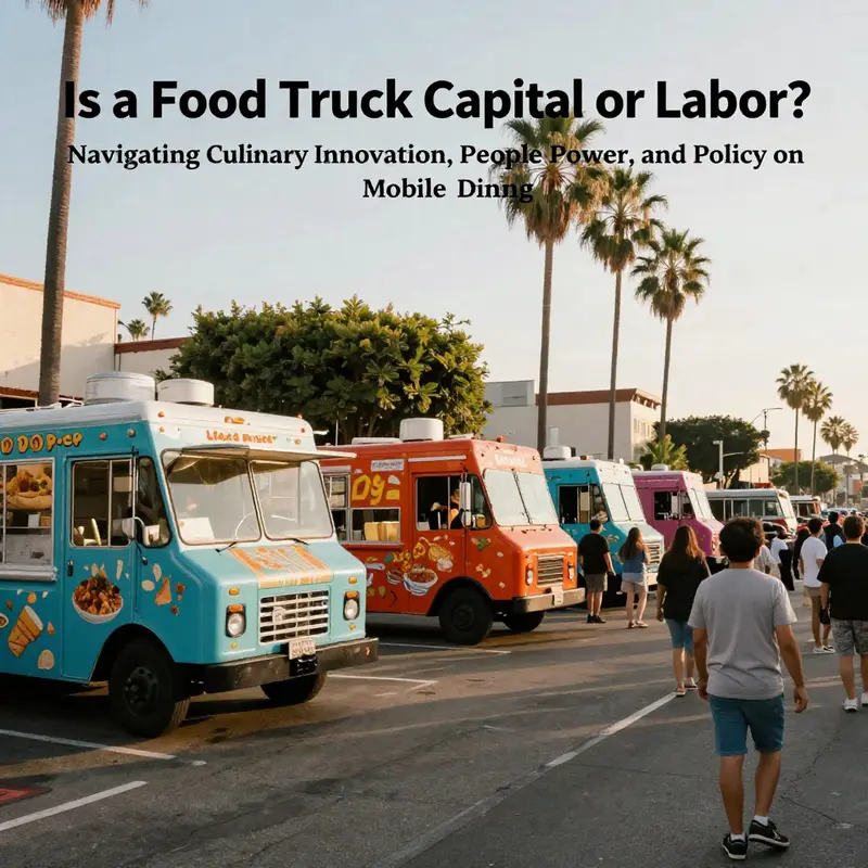 Sunlit street scene with multiple colorfully branded food trucks and people enjoying diverse cuisines.