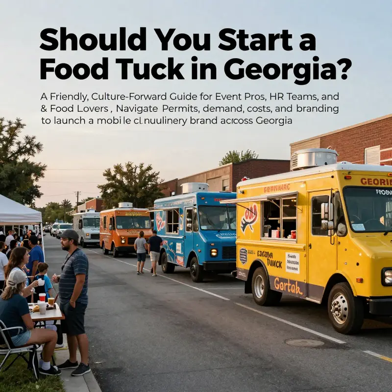 Sunset-lit Georgia street with diverse food trucks and happy customers, illustrating a thriving mobile dining ecosystem.
