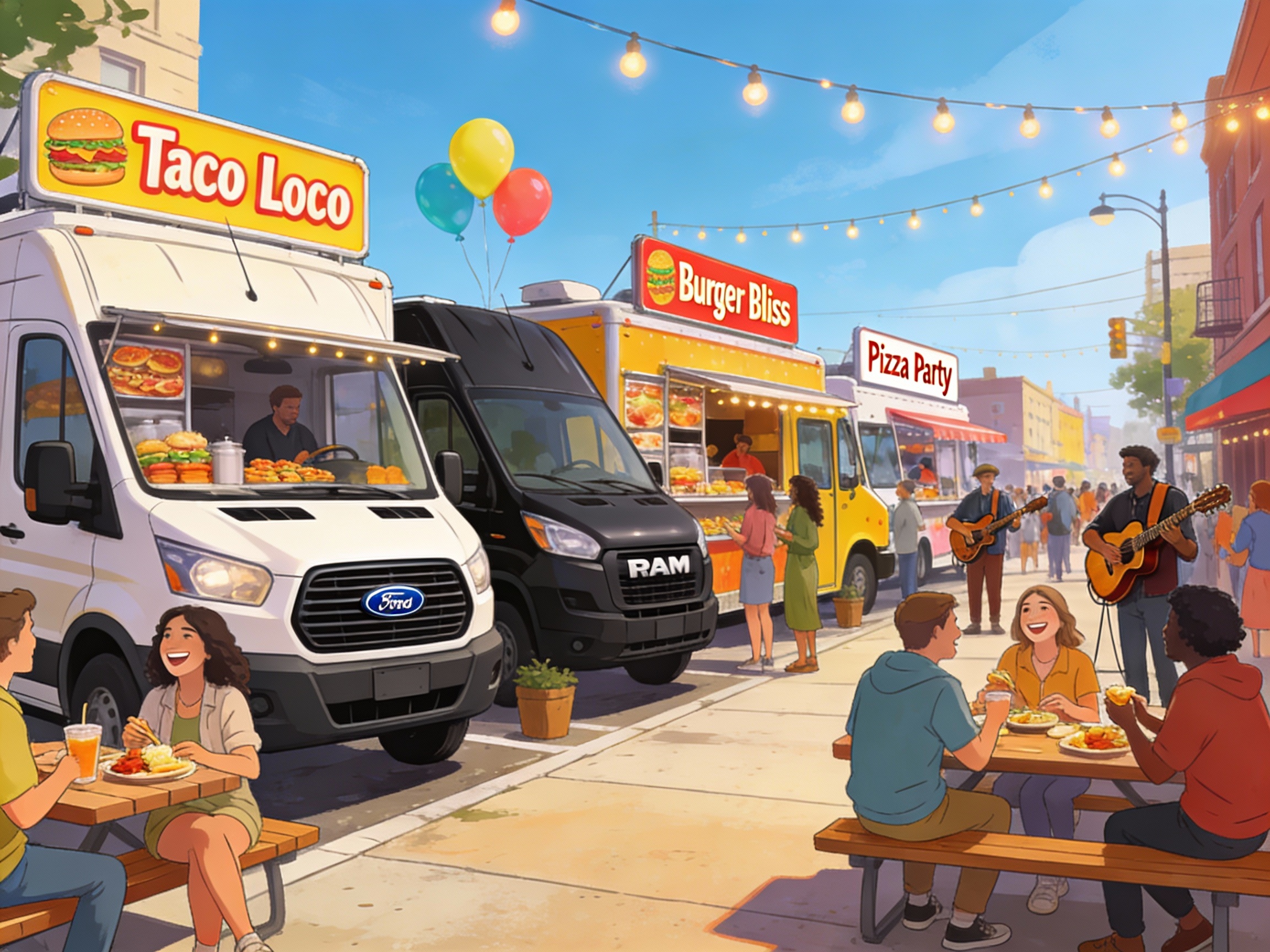 Illustration of various food truck types like Ford Transit and RAM ProMaster in a vibrant street setting