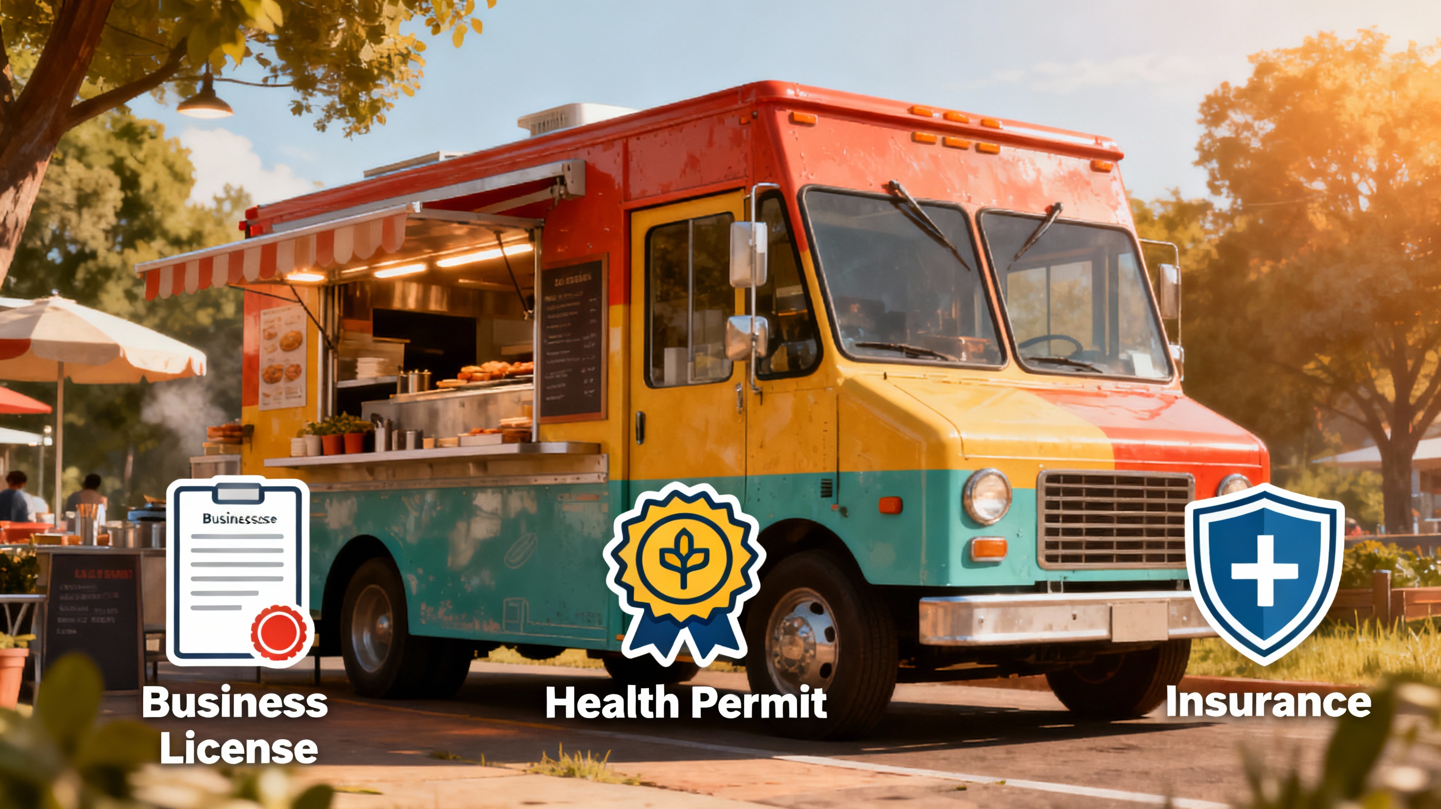 Food truck with legal permits icons