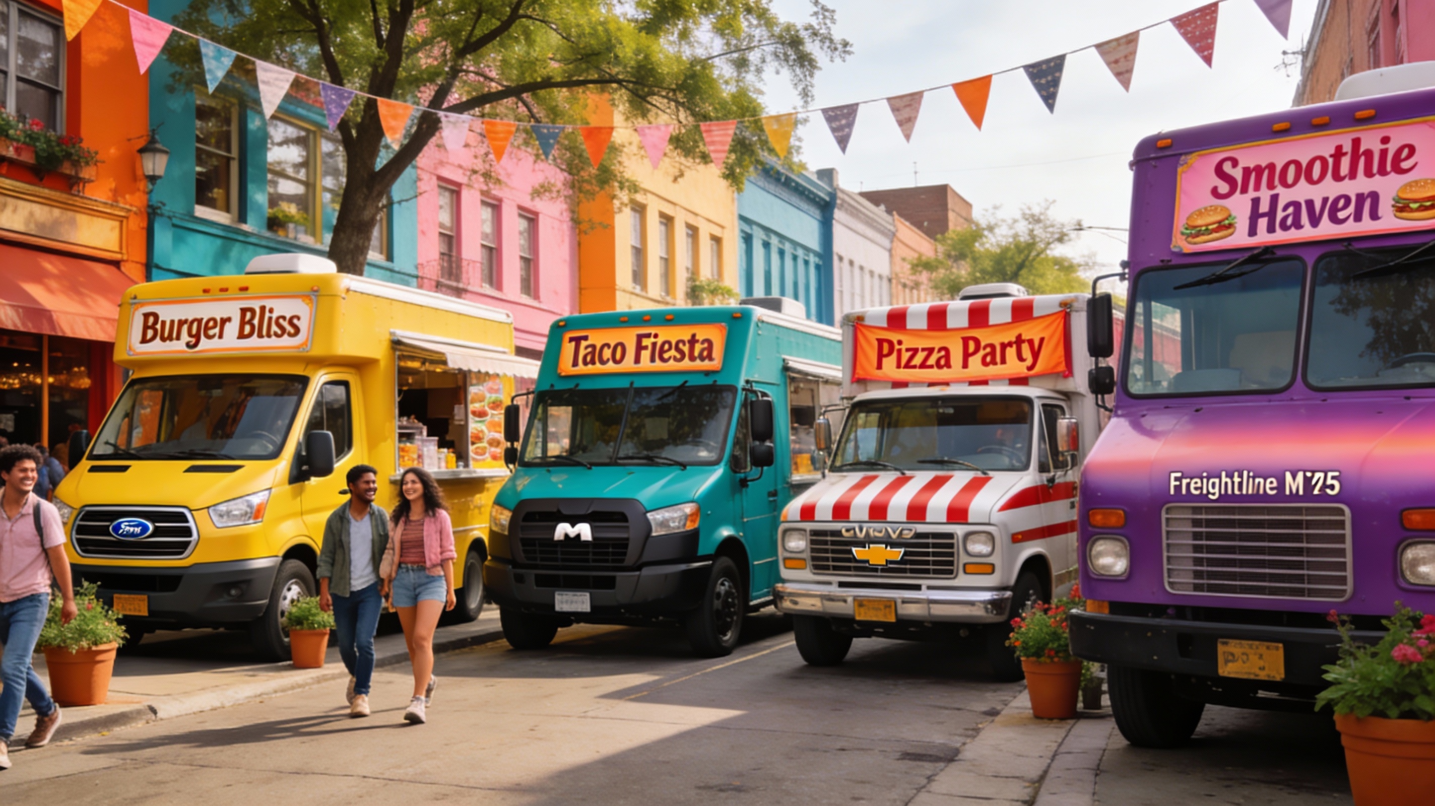 Illustration of various food truck types like Ford Transit and RAM ProMaster in a vibrant street setting