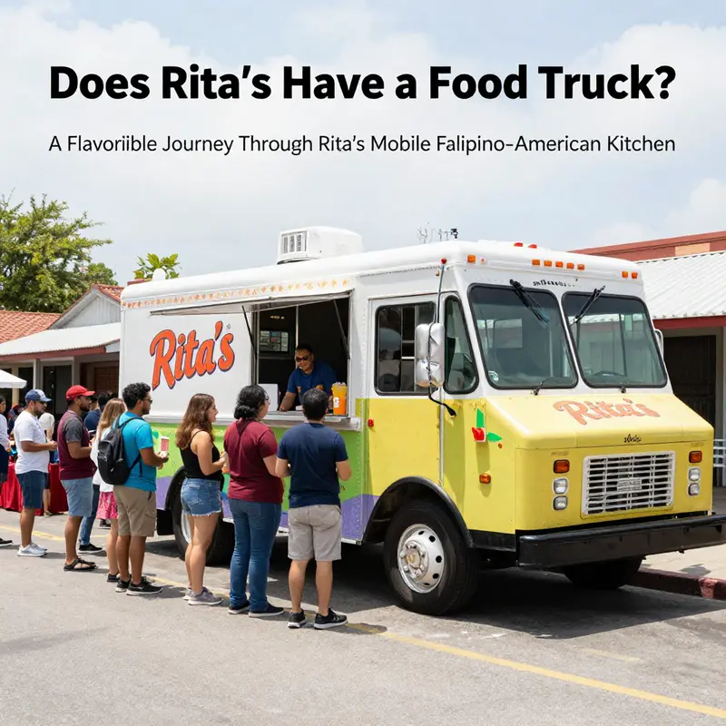 A bustling Rita's Food Truck scene with a diverse crowd and friendly staff serving customers.