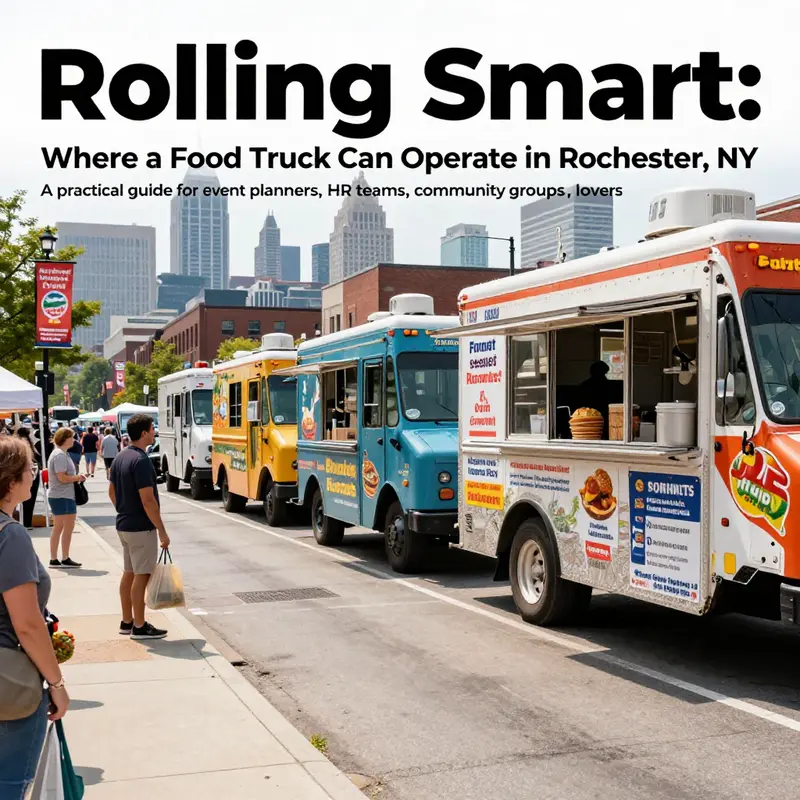 Downtown Rochester street scene with multiple food trucks, pedestrians, and a skyline backdrop.