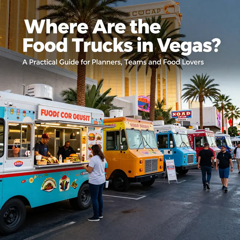 Food trucks line the Strip near top hotels, offering diverse bites for hotel guests and visitors.