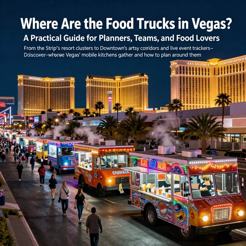 Nighttime Las Vegas Strip with a row of colorful food trucks and crowds in the foreground.