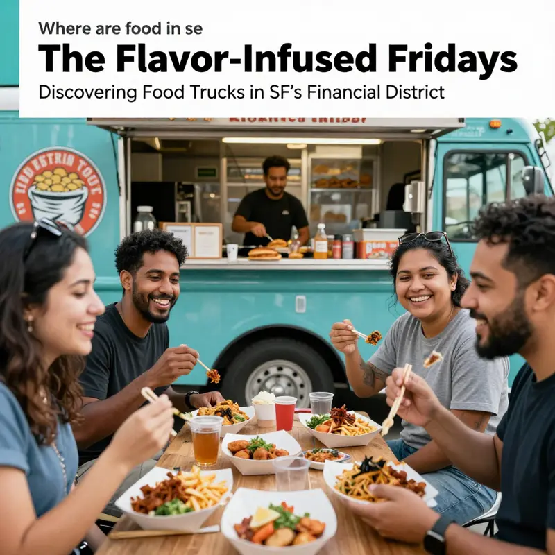 A lively atmosphere of food trucks at Salesforce Tower offering diverse culinary delights.