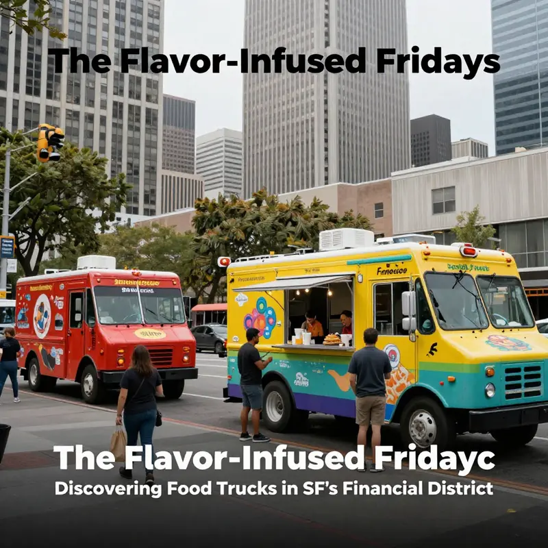A bustling San Francisco Financial District filled with food trucks and people enjoying culinary delights.
