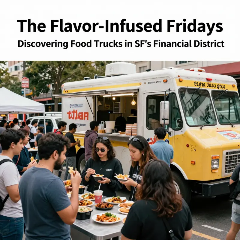 A lively atmosphere of food trucks at Salesforce Tower offering diverse culinary delights.