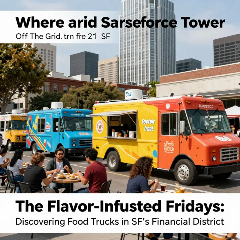 A lively atmosphere of food trucks at Salesforce Tower offering diverse culinary delights.