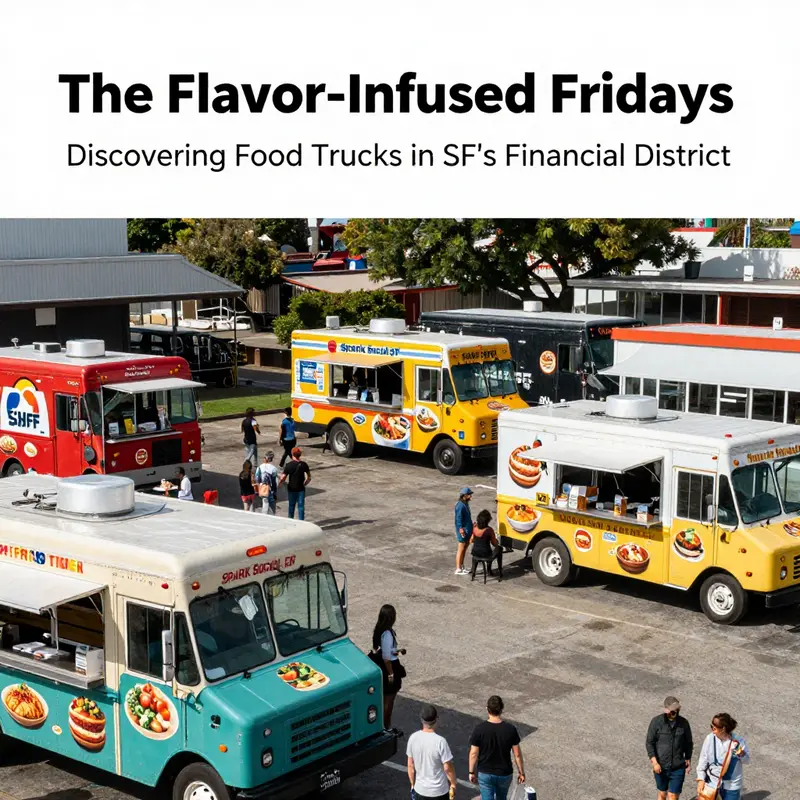 A lively atmosphere of food trucks at Salesforce Tower offering diverse culinary delights.