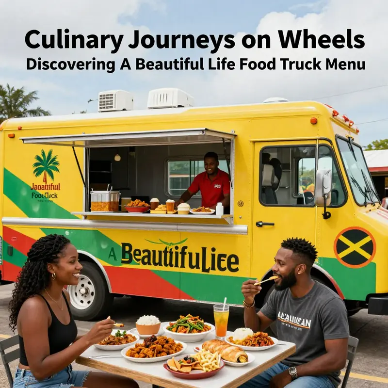 A food truck serving delicious Jamaican dishes with customers happily enjoying their meals, capturing the essence of A Beautiful Life Food Truck.