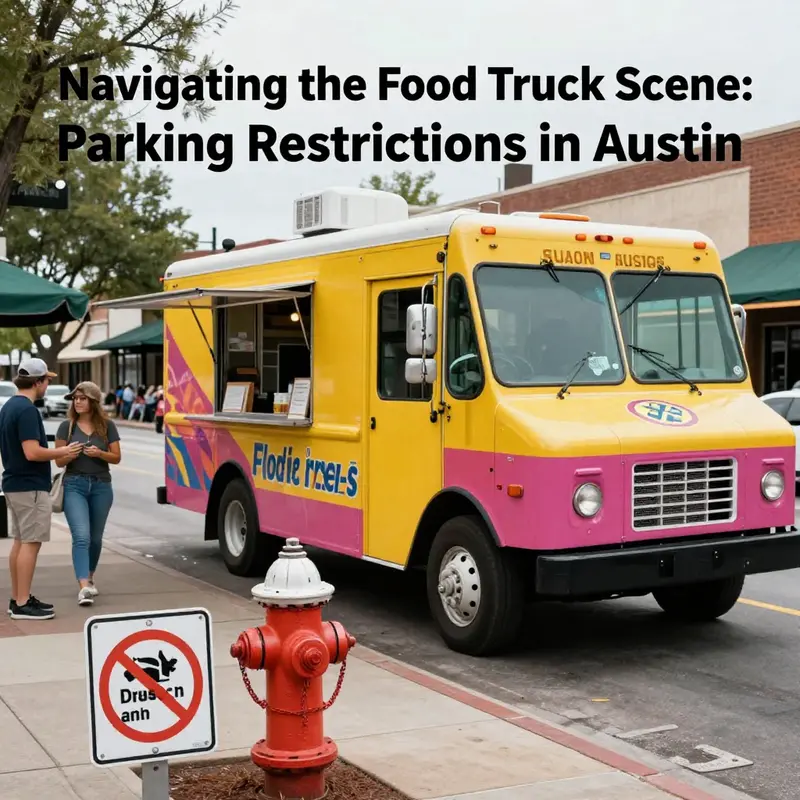 A food truck navigating parking restrictions amidst bustling Austin streets, highlighting prohibited areas.