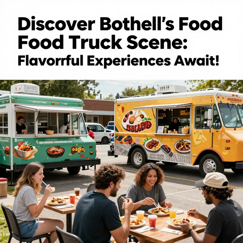 A vibrant food truck scene in Bothell showcasing multiple trucks, happy customers, and diverse culinary offerings.