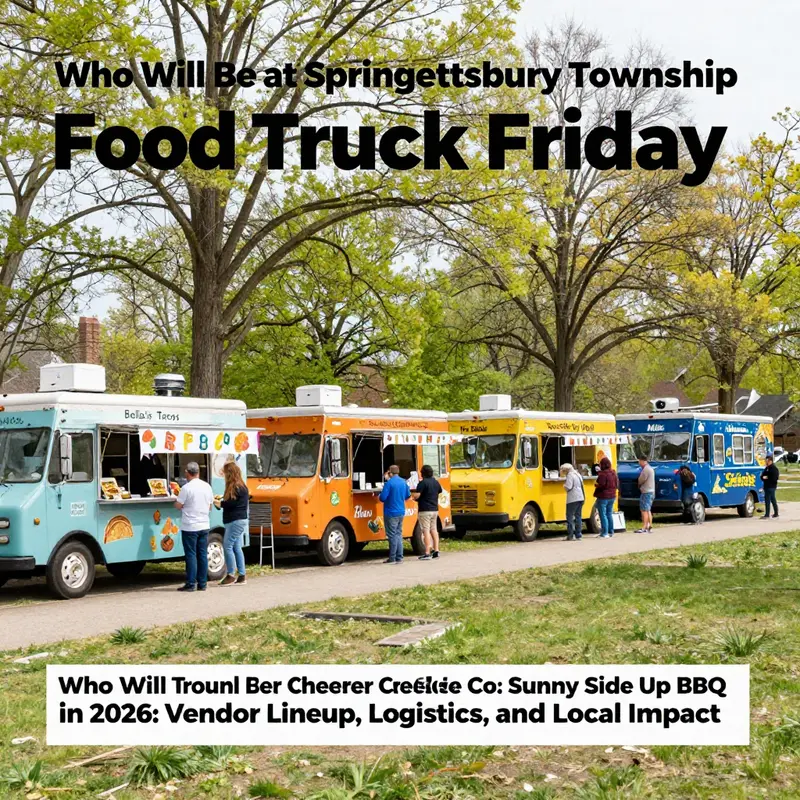 Current vendor lineup for Springettsbury Township Food Truck Friday in 2026, highlighting four trucks and an engaged crowd.