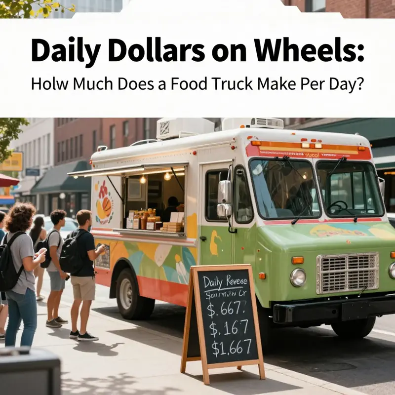 A bustling street corner shows baseline daily revenue ranges on a chalkboard beside a busy food truck.