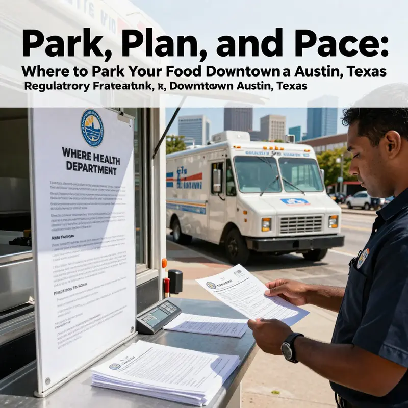 A food truck operator reviews permits with a city health official in downtown Austin, illustrating regulatory grounding.