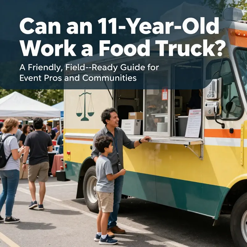 A supervising adult guides a young helper at a busy food truck, illustrating the legal and safety boundaries surrounding youth involvement.