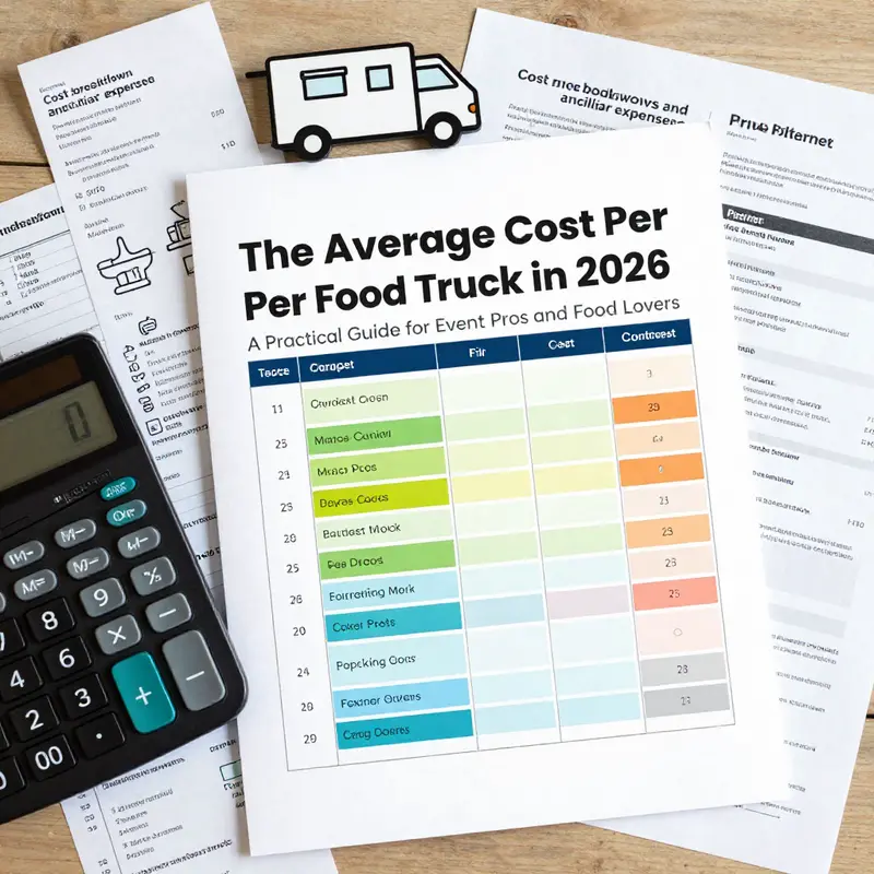Diverse, affordable to mid-range food trucks line up at a bustling market, illustrating the spectrum of price points.