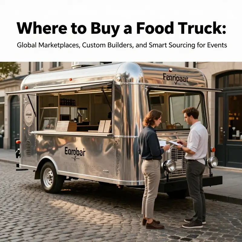Event planners and organizers review global food truck options at a bustling marketplace.