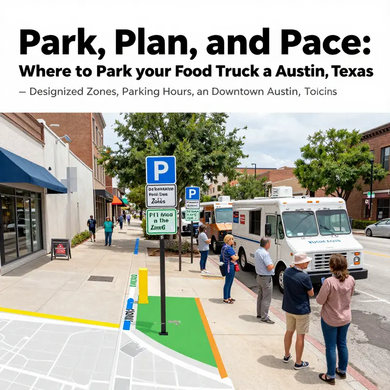 A food truck operator reviews permits with a city health official in downtown Austin, illustrating regulatory grounding.