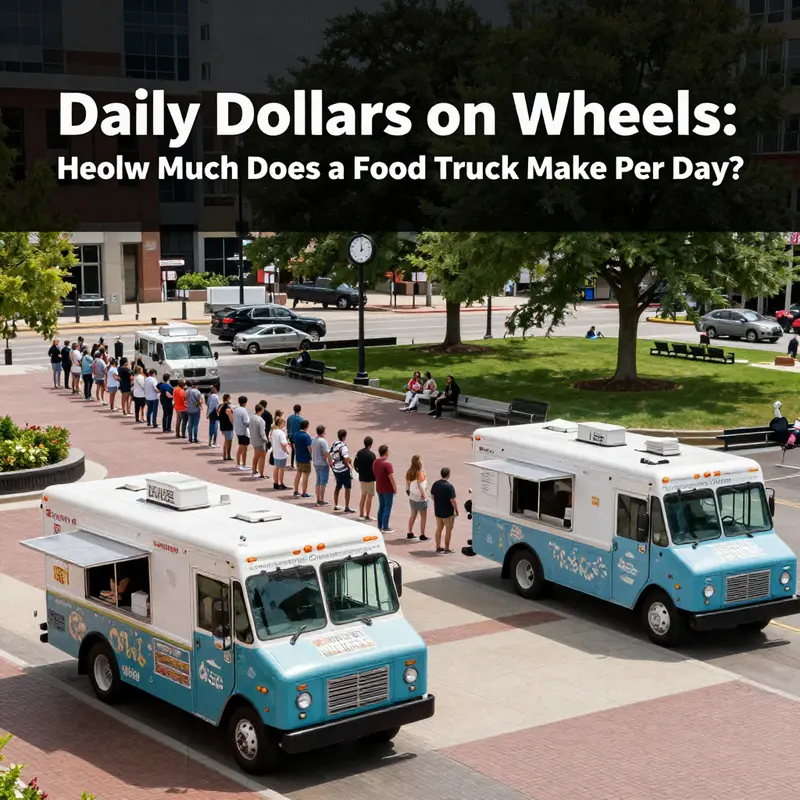 A bustling street corner shows baseline daily revenue ranges on a chalkboard beside a busy food truck.