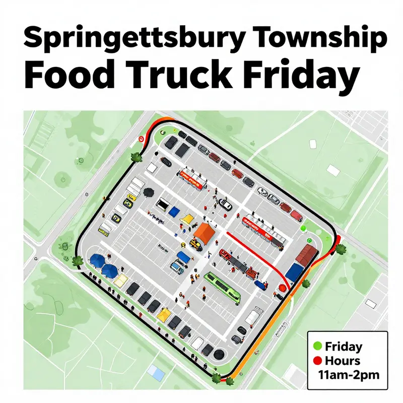 Current vendor lineup for Springettsbury Township Food Truck Friday in 2026, highlighting four trucks and an engaged crowd.