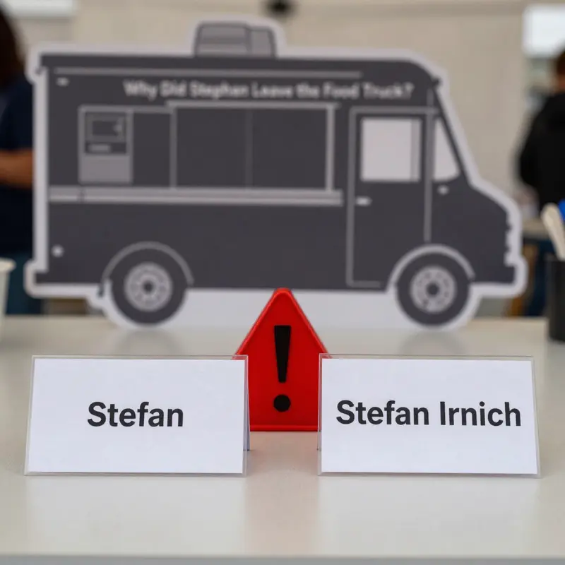 No verifiable link found between Stefan and leaving a food truck; data gaps are visible as blank connections on the evidence map.