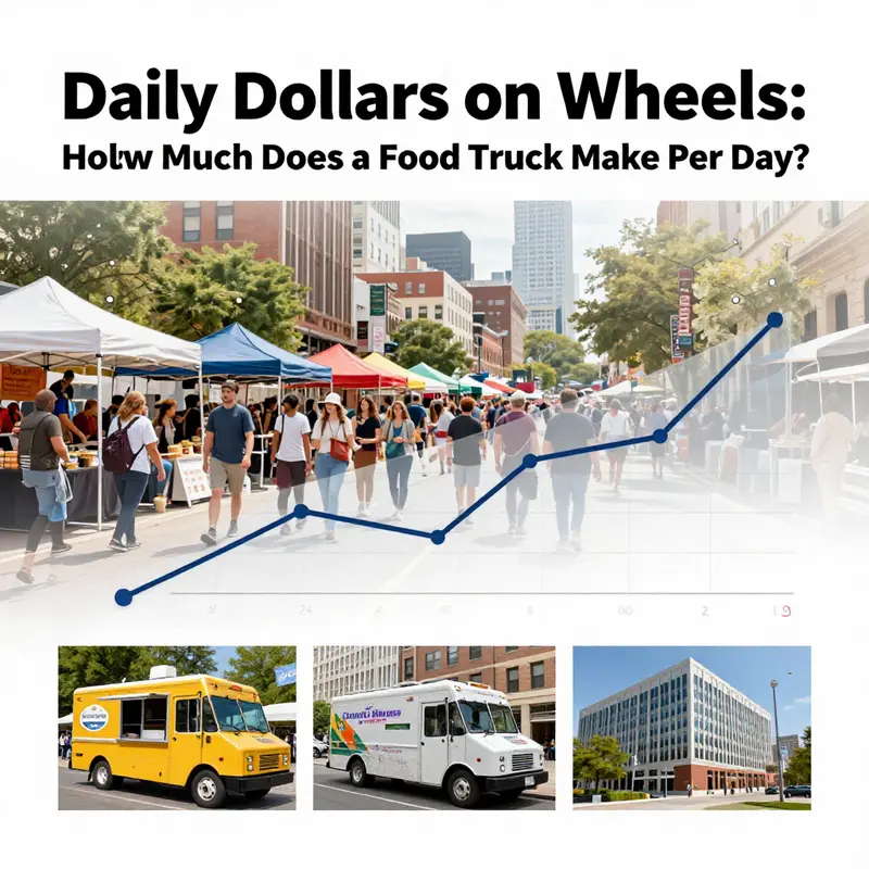 A bustling street corner shows baseline daily revenue ranges on a chalkboard beside a busy food truck.