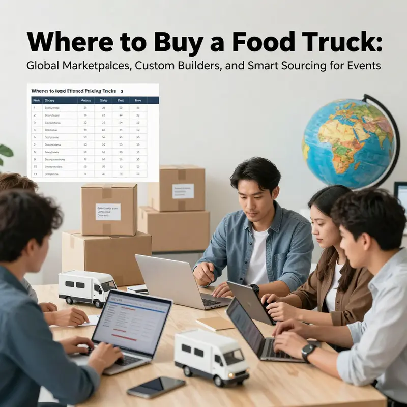 Event planners and organizers review global food truck options at a bustling marketplace.
