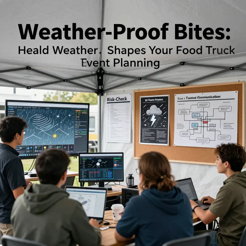 Weather-aware site selection and layout in action, showing sheltered queues and drainage-conscious pathways.