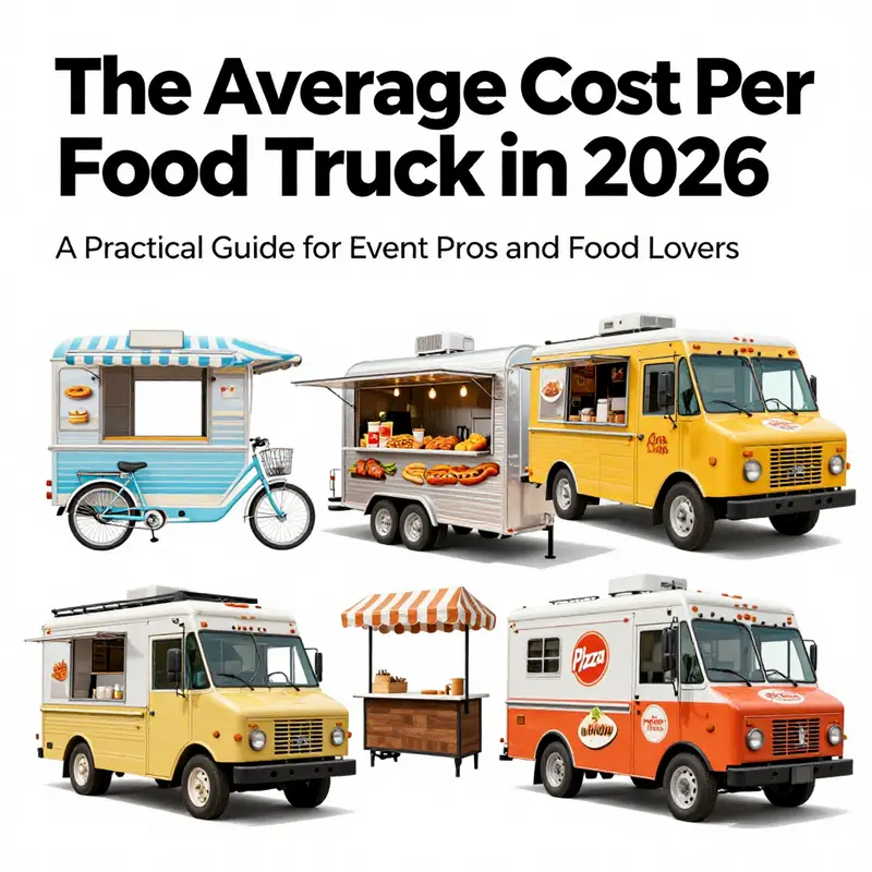 Diverse, affordable to mid-range food trucks line up at a bustling market, illustrating the spectrum of price points.