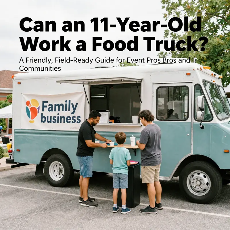 A supervising adult guides a young helper at a busy food truck, illustrating the legal and safety boundaries surrounding youth involvement.