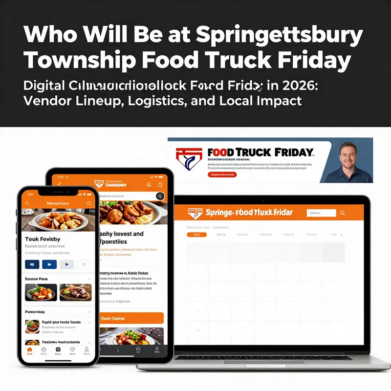 Current vendor lineup for Springettsbury Township Food Truck Friday in 2026, highlighting four trucks and an engaged crowd.