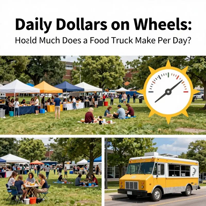 A bustling street corner shows baseline daily revenue ranges on a chalkboard beside a busy food truck.
