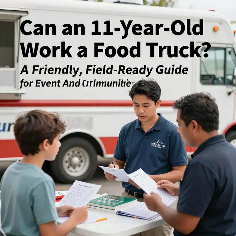A supervising adult guides a young helper at a busy food truck, illustrating the legal and safety boundaries surrounding youth involvement.