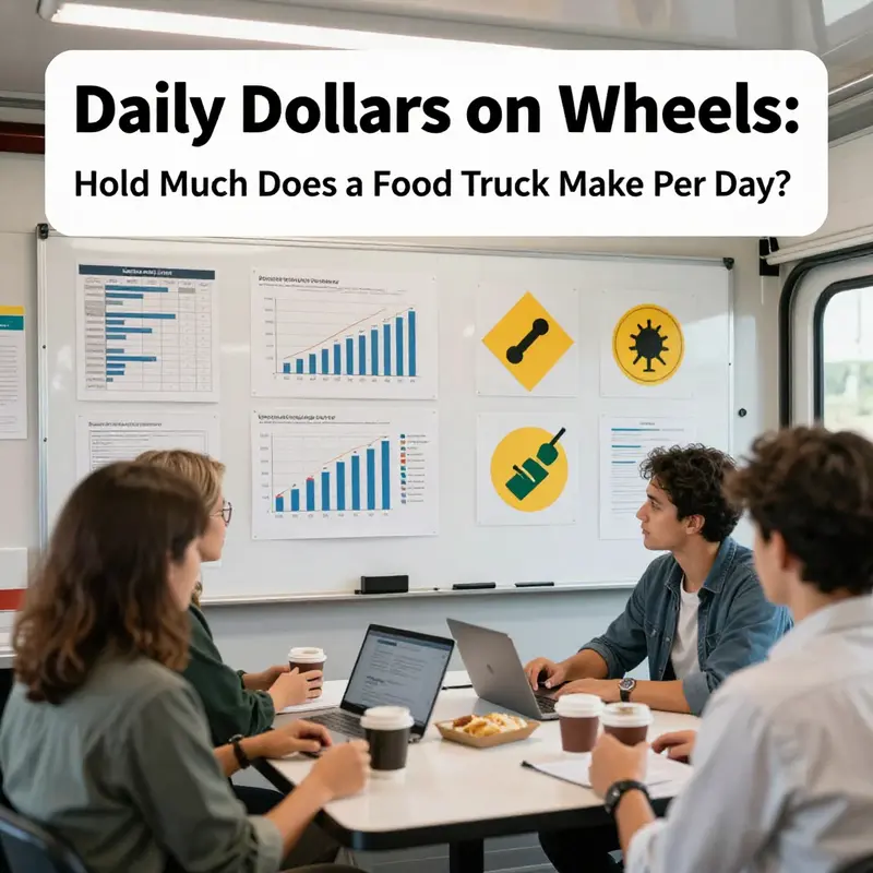 A bustling street corner shows baseline daily revenue ranges on a chalkboard beside a busy food truck.