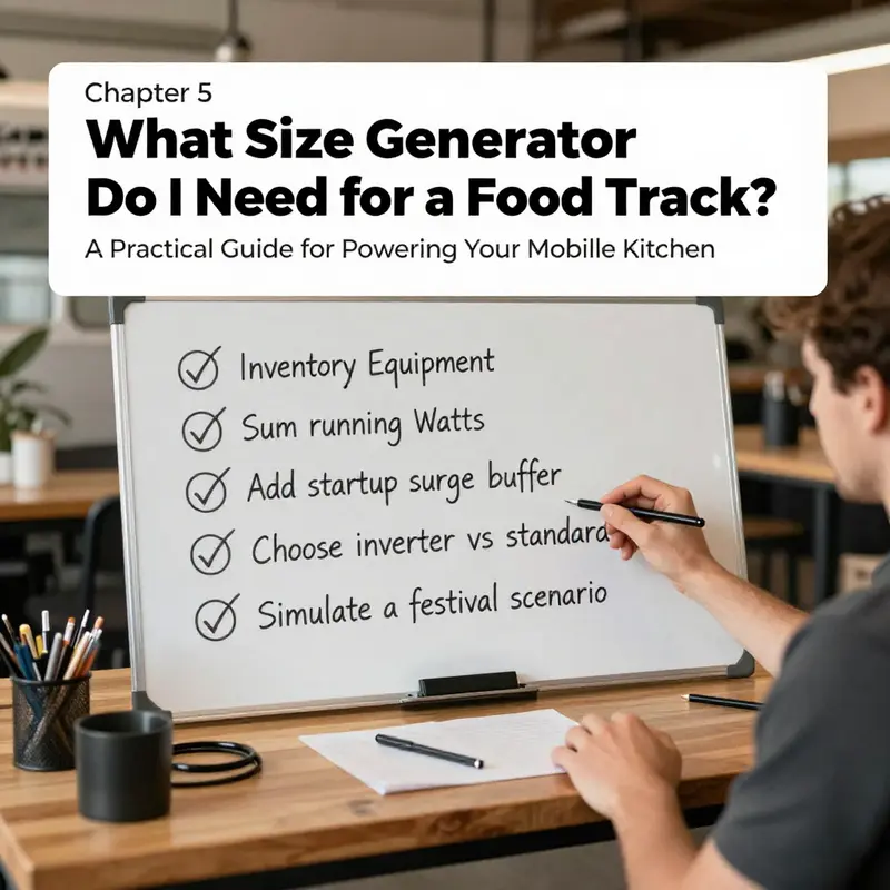 Understanding how running loads and startup surges determine generator size for a mobile kitchen.