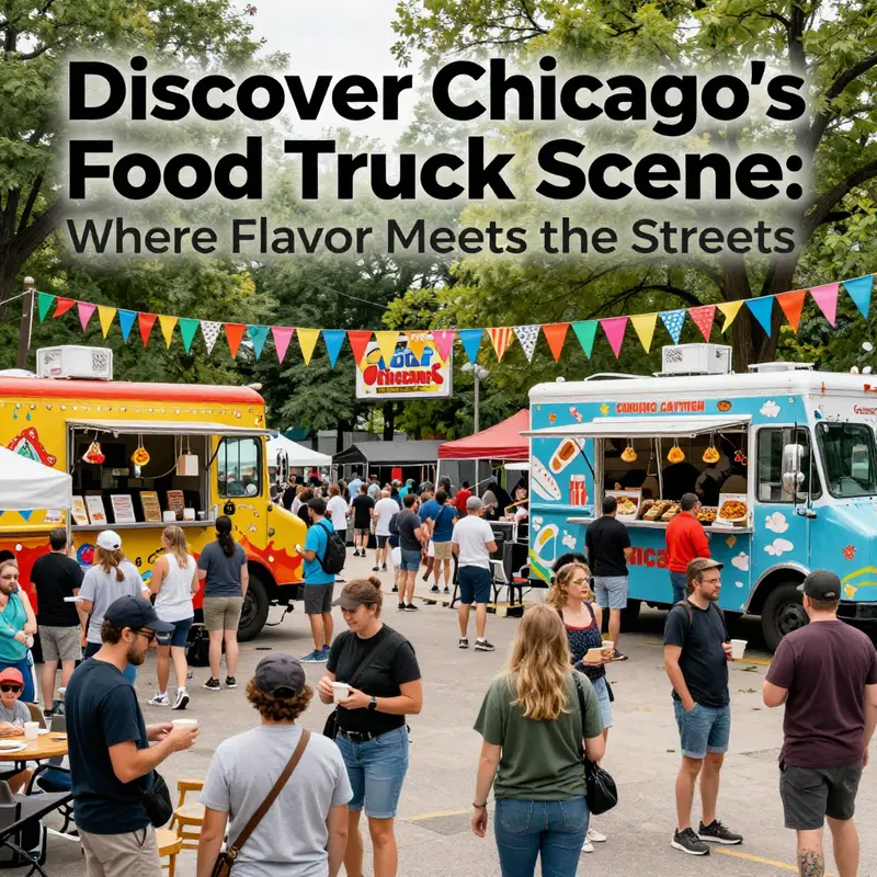 Food trucks lined up in downtown Chicago, offering a diverse range of delicious street food.
