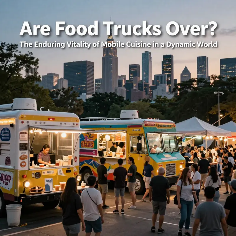 Dusk street scene with multiple food trucks and a crowd of diners, symbolizing enduring mobility in food.