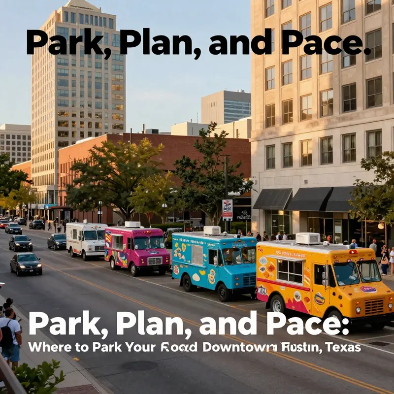 Golden-hour downtown Austin street with multiple food trucks, pedestrians, and city skyline.