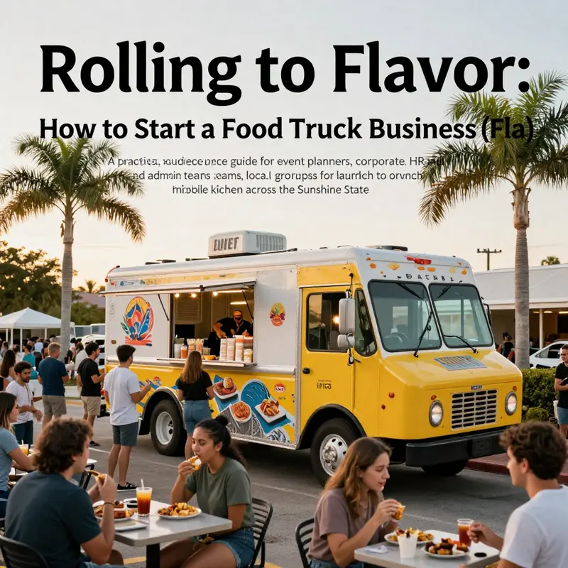 Photo-realistic cover image of a Florida food truck at a sunny community event with diverse people enjoying food.
