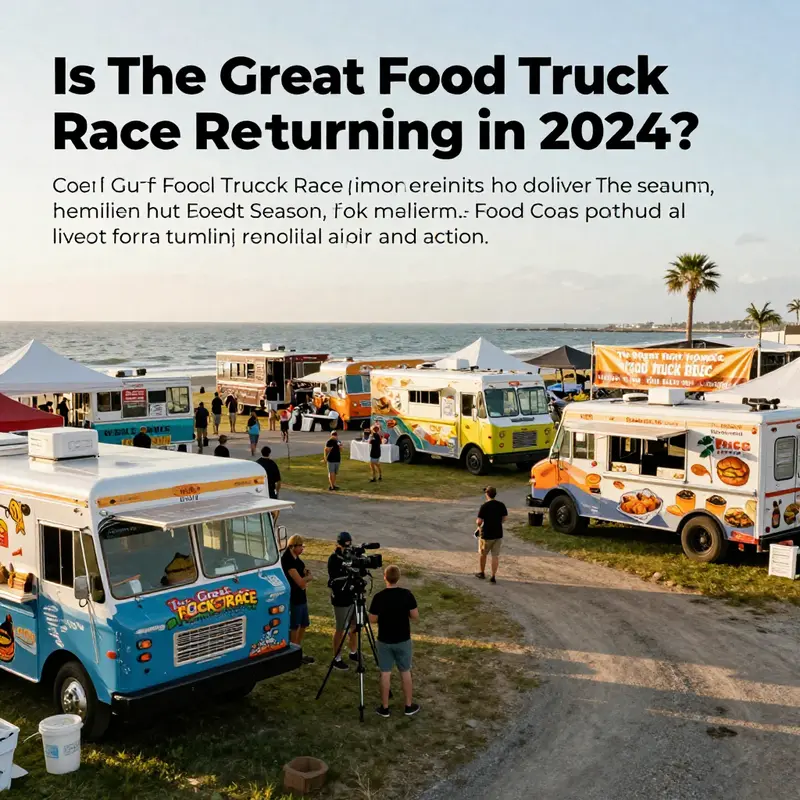 Vivid Gulf Coast food truck festival with a TV crew capturing moments and a supportive crowd.