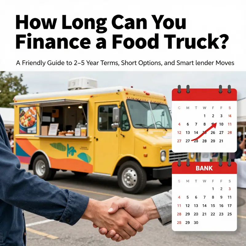 Photo-realistic collage of a food truck at an event, a handshake with a lender, and a calendar timeline representing financing terms.