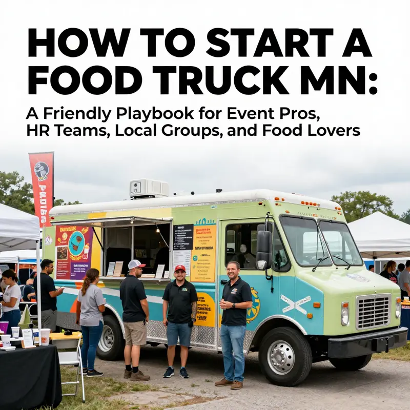 Colorful array of Minnesota food trucks at a festival with people enjoying food and planning materials visible.