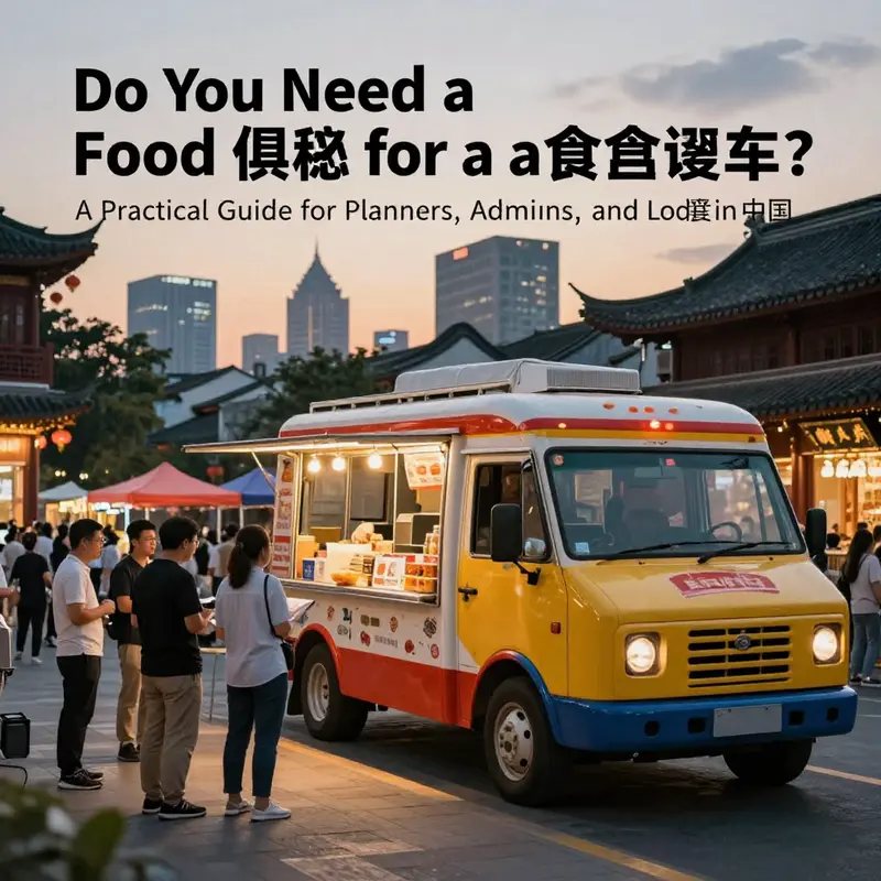 Photo-realistic cover image of a food truck with planners and permits in a Chinese city at dusk.