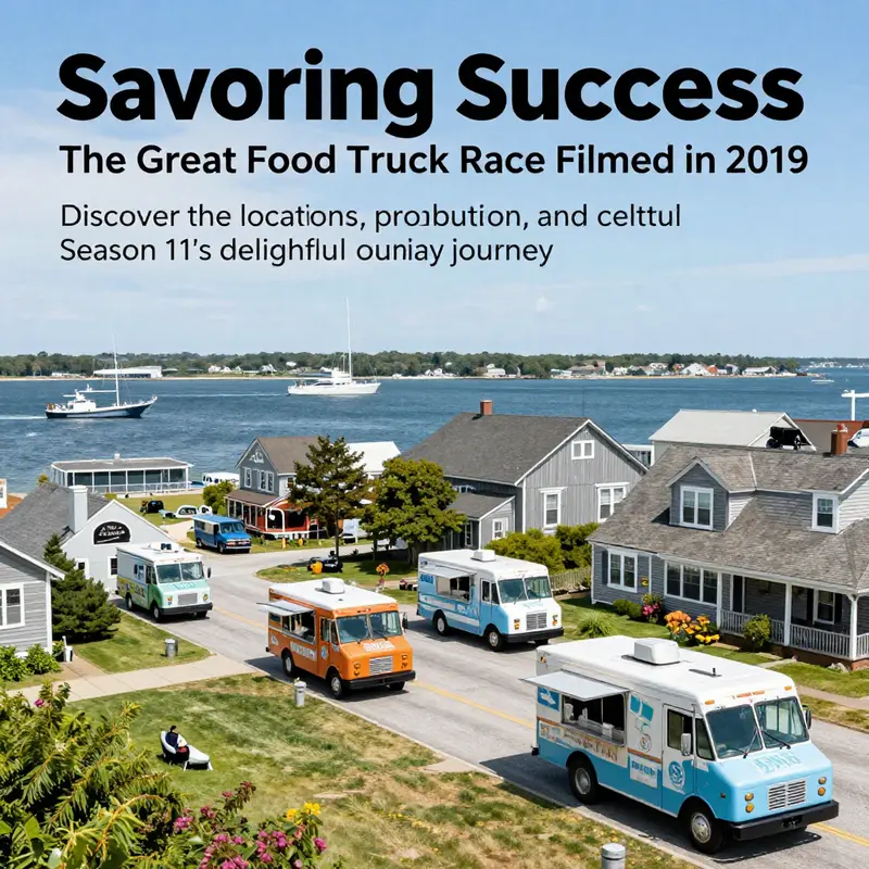 A scenic landscape of Newport, Rhode Island, featuring its coastal beauty and historical architecture, with food trucks creating a lively atmosphere.