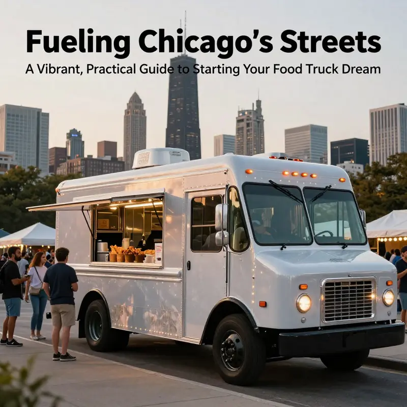 A stylish food truck in Chicago during golden hour, with people lined up and the skyline in the background.