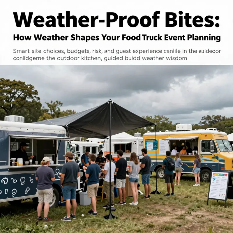 Vibrant outdoor food-truck festival with weather-ready planning and crews coordinating under shelter.