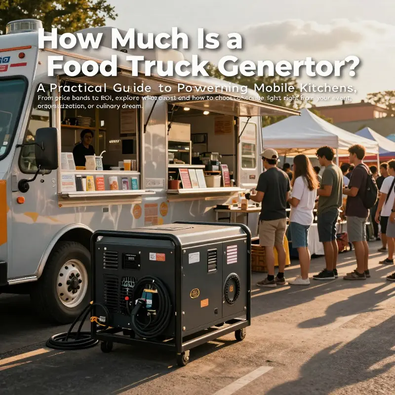 Photo-realistic cover image of a food truck at a busy event with a visible generator powering equipment.