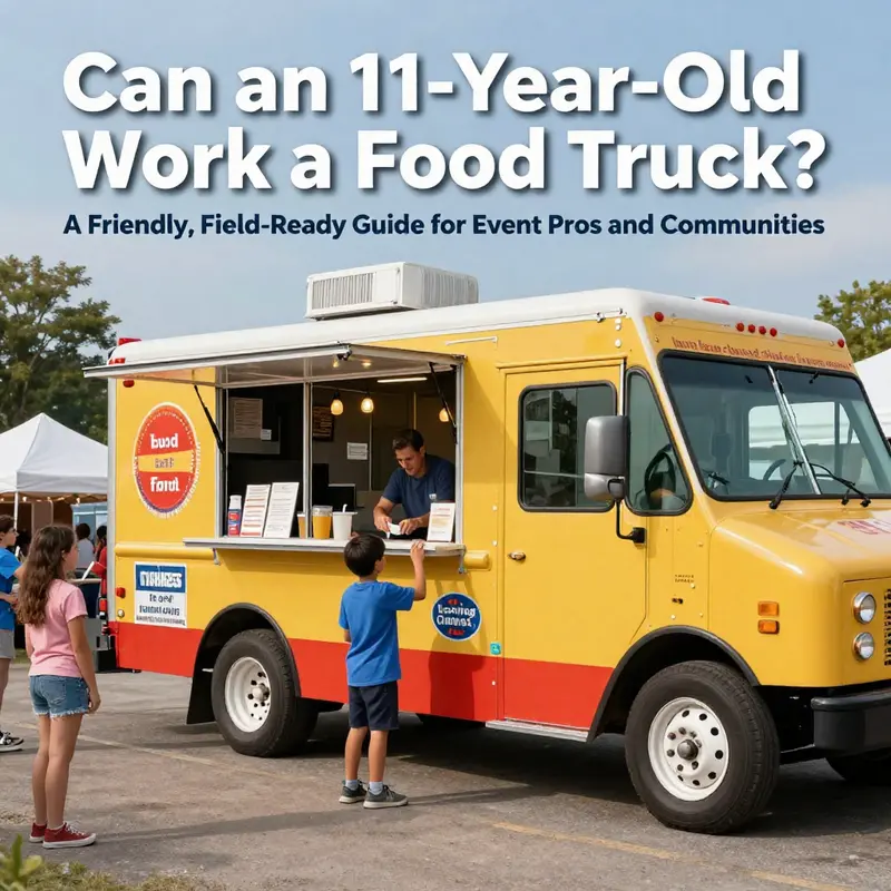 A cheerful 11-year-old helper works with an adult at a colorful food truck during a community event.
